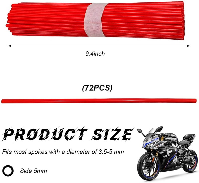 FSTURIOS 72PCS Dirt Bike Spoke Covers, Motorcycle Spoke Skins Wheel Wraps Pipe for 8"-21" Rims, Dustproof Wheelchair Rim Decoration Protector Pipe Trim for Bicycle Dirt Pit Bike (Red) - Image 2